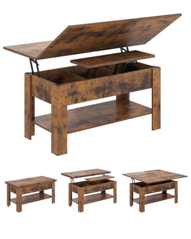 KIMENICH Table Basse Relevable et Pliante, Table de Salon Multifonctionnelle 3 en 1, Table à Manger avec Étagère de Rangement et Compartiment Caché, pour Salon, Bureau, Marron