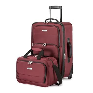 Amazon Basics Lot de 2 Valises Souples Extensibles (58 cm) et Sac Fourre-Tout (25 cm), Légers, 100% Polyester, Ensemble de Bagages Empilables, Rouge