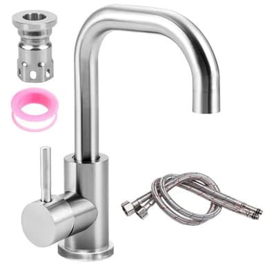 Robinet de salle de bain en acier inoxydable - Rotatif à 360° - Robinet de lavabo haut avec tuyau - Mitigeur eau chaude/froide - Pour salle de bain, WC, évier, cuisine