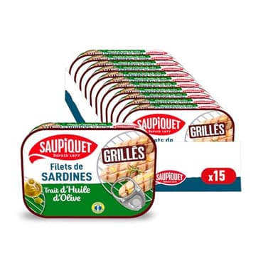 SAUPIQUET - Filets de Sardines Grillés à l'Huile d'Olive Vierge Extra - Sans Arêtes - Sans conservateurs, colorants ni arômes artificiels - Issus d'une Pêche Traçabilité Garantie - 15 Conserves (70 g)