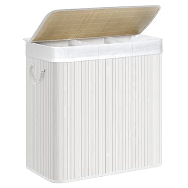 SONGMICS Panier à Linge 150L, Corbeille Linge Sale 3 Compartiments de Tri, Couvercle en Bambou, Poignées, Pliable, Sac Amovible Lavable en Machine, pour Buanderie, Chambre, Blanc LCB091W01