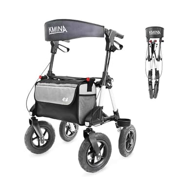 KMINA Déambulateur 4 Roues Tout Terrain Pliable Léger, Extérieur, Roues Pneumatiques, Siège Intégré, Cadre Robuste - Modèle PRO