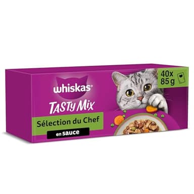 WHISKAS Repas pour Chat - 40 Sachets Fraîcheur - Tasty Mix Sélection du Chef (4 variétés) - Pâtée pour Chat Adulte en Sauce – Nourriture Humide Complète & Equilibrée