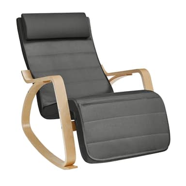 SONGMICS Fauteuil à Bascule, avec Accoudoirs en Bois, Repose-pieds Réglable en 5 Positions, Capacité 150 kg, 121,5 x 67 x 84 cm, pour Chambre, Salon, Gris Foncé et Couleur Boisée LYY010GZ03