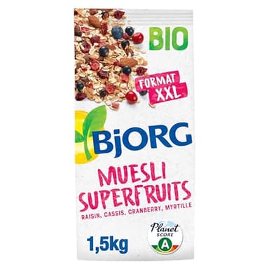 BJORG - Muesli Superfruits Bio - Raisin, Cassis, Cranberry, Myrtille - Aux Céréales Complètes - Sans Sucres Ajoutés - Format XXL - Sachet de 1,5 kg