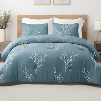 Exclusivo Mezcla Ensemble de Couette sans Housse avec 2 taies d'oreiller, 220x230 cm Housse de Couette réversible Toutes Saisons avec Motif Floral, légère et Chaude, Bleu