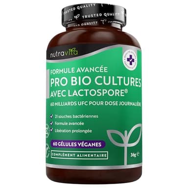 Nutravita Probiotique Flore Intestinale 60 milliards d'UFC, 21 Souches Bactériennes avec Lactospore® Inuline Lactobacillus Gasseri Bifidobacterium - Enzymes Digestives Prebiotique & Probiotique