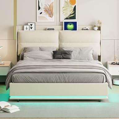 Teahutty Lit Coffre 160x200, avec Éclairage LED et Port USB, Cadre de Lit avec Sommier à Lattes, lit avec tête de lit en Velours, Lits Flottant Rembourré, sans Matelas (Beige, 160x200 cm)