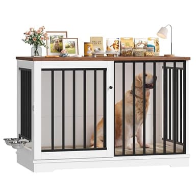 FirFurd Cage pour Chien 120 cm, Cage Chien XXL, avec Porte Coulissante, Meuble Buffet, 2 Plateaus Amovibles, Grand Taille Cages Chiens Interieur 120x60x90cm Blanc+Marron