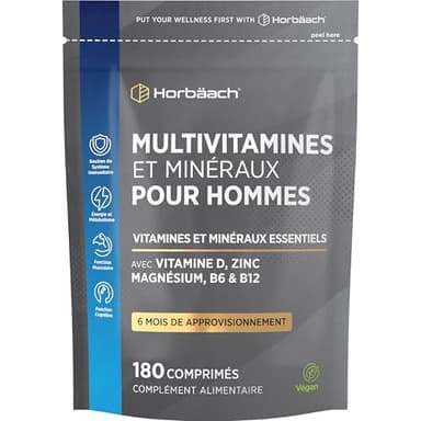 Multivitamines Homme | 180 Comprimés Vegan pour 6 Mois | 28 Vitamines et Minéraux Essentiels Vitamine C, D, B6, Zinc et Magnesium | Multivitamin for Men Supplement | par Horbaach