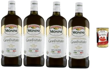 Monini GranFruttato Huile d’Olive Extra Vierge Italienne 4x 1L, Pressée à Froid, 100% Italienne, Goût Fruité Intense, Huile Premium pour Cuisine Méditerranéenne + Italian Gourmet Polpa