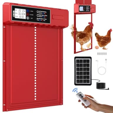 FabStyl Porte de Poulailler Automatique Solaire avec USB-C - Porte Rouge Grande Taille (27.5x36 cm) en Aluminium - 3 Modes, Sécurité Anti-Pincement, Minuterie, Résistant aux Intempéries