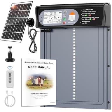 Porte Poulailler Automatique Solaire avec Affichage LED, CHAMUTY Porte Automatique Poulailler en Aluminium avec Capteur de Lumière, Minuterie, Télécommande, Deux Méthodes de Chargement, Anti-pincement