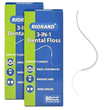 RioRand Lot de 2 fils dentaires 3 en 1 pour appareils dentaires – 80 mèches prédécoupées avec enfile-fil | Fil orthodontique pour un nettoyage efficace