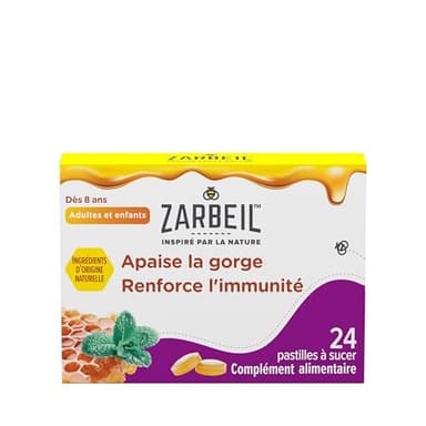 Zarbeil | Pastilles Gorge & Immunité (boîte de 24 pastilles à sucer) – Pastilles pour la gorge aux ingrédients d'origine naturelle – Complément alimentaire pour adultes et enfants dès 8 ans
