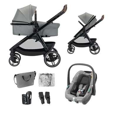 Maxi Cosi Zelia Select Trio, Poussette 3 en 1 Avec Siège auto, 0-4 ans (0-22 kg), Pliage D'une Seule Main, Poussette Trio Compacte et Réversible, Avec Siège auto Bébé CabrioFix S i-Size, Gris