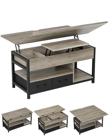 KIMENICH Table Basse Relevable, Table à Manger avec Plateau Pliant, avec 2 Tiroirs, avec Étagère de Rangement et Compartiment Caché, Tables Basse Extensible 3 en 1 pour Salon, Bureau (Gris)