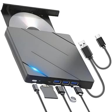 Lecteur CD DVD Externe pour PC USB 3.0 & Type C, Graveur DVD Externe avec 4 Ports USB et 2 Emplacements pour Carte TF/SD, Plug and Play CD/DVD +/-RW Drive pour Windows/MacOS/Laptop/Desktops/Linux