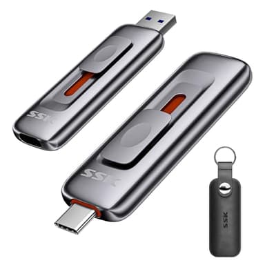 SSK Clé USB SSD 2To Vitesse jusqu'à 1000 Mo/s, Double Cle USB 3.2 Gen 2 Disque Dur Externe, Type-A + Type-C Mécanisme Push-Pull 3 Étapes SSD Externe Portable pour iPhone 15/16/17-Série/Android/PC/Mac
