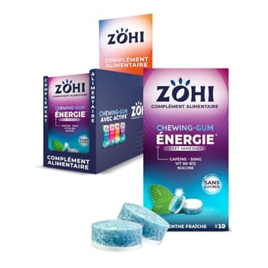 ZOHI Chewing-gum sans sucres avec actifs - Boost Energie - Goût menthe fraîche - Complément alimentaire avec édulcorants - Boîte de 12 plaquettes de 10 chewing-gums