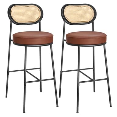 VASAGLE Lot de 2 Tabourets de Bar, Chaises de Bar Hauteur Comptoir, Tabourets Haut de Cuisine avec Dossier Incurvé, en Rotin PE Boho, 48,2 x 45,7 x 104,7 cm, Marron Caramel LBC097K01