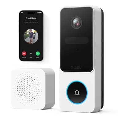 AOSU Sonnette sans Fil avec Caméra,2K FHD Sonnette sans Fil Exterieur Etanche, Vue de la Tête aux Pieds, Détection Humaine PIR, 2.4G WiFi, Audio Bidirectionnel, Compatible avec Alexa