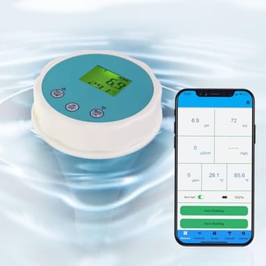 Testeur de Qualité d'Eau 6-en-1 Flottant Bluetooth Mesure Chlore, pH, EC (Conductivité), ORP (Potentiel Redox), Salinité et Température. Appli Smart Connectée pour Piscines, Hydroponie et Aquariums