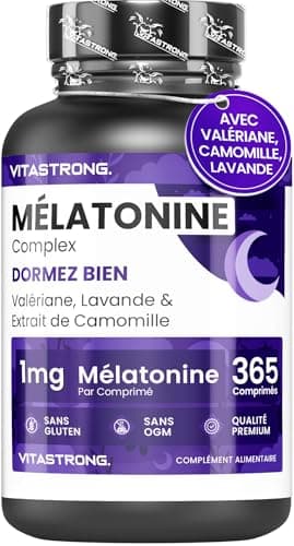 Melatonine Vitastrong Complex, 365 Micro-Comprimés de Mélatonine 1mg avec Camomille, Valériane, Lavande et Vitamine B6, Mélatonine Naturel Forte Nuit pour Dormir Rapidement et Profondement et Jet Lag