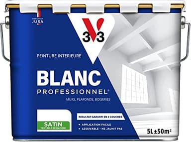V33 Peinture Blanche Mur Et Plafond Satin, BLANC PROFESSIONNEL, 5L
