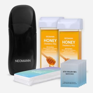 NEOMANN Wax-n’Roll Kit d’épilation Honey | Chauffe-cire Roll-On avec 2x cartouches Honey, 50 bandes de cire & 6 lingettes de soin (Noir) – Qualité salon pour la maison