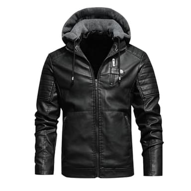 Générique Blouson Moto Homme a Capuche Veste Cuir Hiver Chaude Bombers avec Poche Zippé Aviateur en Peluche Jacket Couleur Unie Vestes d'Extérieur Manteau Décontractée Coat Noir M