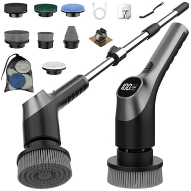 Brosse Nettoyage Electrique, 7 en 1 Brosse Rotative Nettoyage, IPX7 Étanche Nettoyeur de Douche, 2 Vitesses et Manche Réglable pour Salle de Bain, Cuisine, Voiture (Noir)