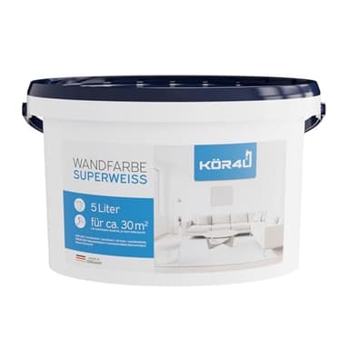 kör4u Peinture murale super blanche 5 litres – Peinture intérieure mate blanche, haut pouvoir couvrant, sans solvant, certifiée TÜV, faible éclaboussures, pour murs et plafonds