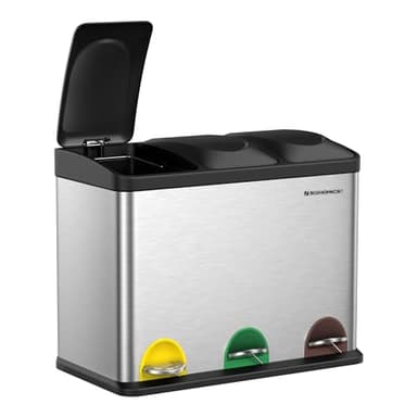 SONGMICS Poubelle de Cuisine Triple, Poubelle de Tri, Corbeille à Pédale, en Métal, Volume 45L, 3 x 15L, avec Couvercle, en Acier, Argent LTB45L