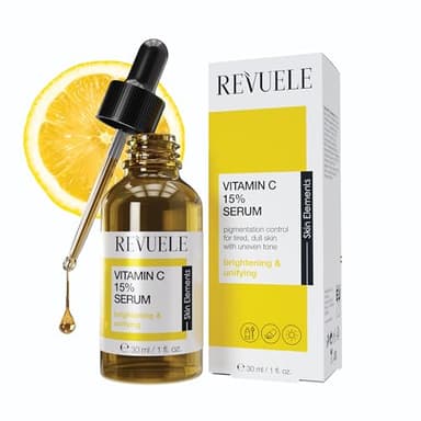REVUELE Vitamine C 15% Sérum Visage Illuminant – Antioxydant Puissant avec Effet Uniformisant, Réduit Taches et Rides Fines, Peau Lumineuse et Raffermie, 30 ml