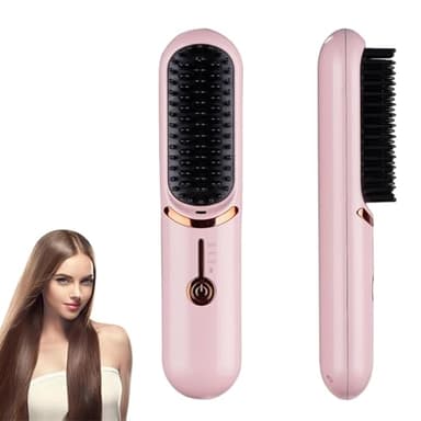 Peigne Chauffant, Brosse lissante sans fil, portable et pratique pour les voyages, rechargeable par USB, 5 400mAh, ion négatif, chauffante, pour femmes et hommes (Rose)