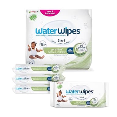 WaterWipes Sensitive+ Baby & Toddler Wipes, Lingettes Pour Bébés et Tout-Petits, 240 unités (4 paquets), 3-en-1 nettoie, soigne, protège, 99,9% d'eau, Textured Clean, non parfumées