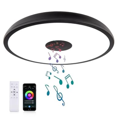 AIHONKON Noir Plafonnier LED intelligent étanche, avec haut-parleur Bluetooth, fonction de RGB, éclairage réglable de, contrôle via l'application Tuya, compatible avec Alexa et Google Home