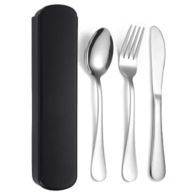 JIEYUCHU Couverts de Camping, 3 Set de Couverts en Inox, Ensemble de Couverts Lunch Box, Lavable au Lave Vaisselle, pour Pique-Nique, Voyage, École, Bureau (Noir)