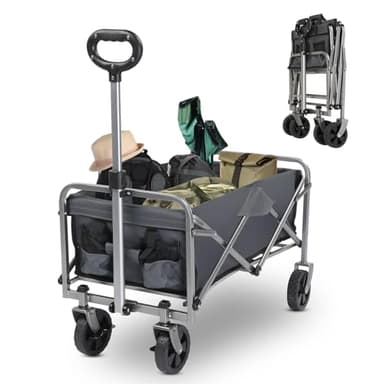 LEADZM Chariot à roulettes Tout Terrain, Poignée Réglable,Chariot de Plage Pliable pour Extérieur Camping Festival,Courses,Jardin avec Jusqu’à 100KG (Gris argenté)