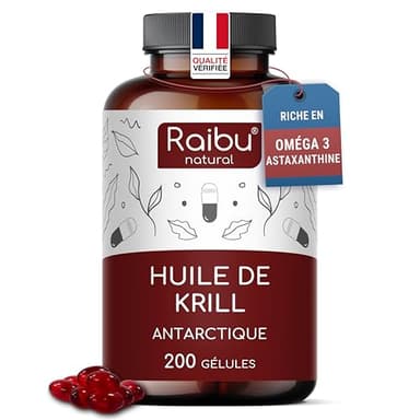 Huile de Krill d’Antarctique 200 Gélules - Riche en Astaxanthine, acides gras Oméga 3 (EPA & DHA), 6 & 9 et Phospholipides - 1200 mg d’Huile de Krill par jour - Sans arrière-goût de poisson