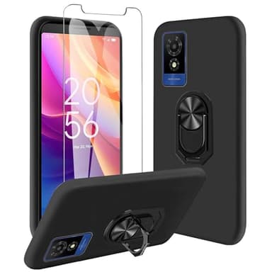 JDXHFF Coque Compatible avec TCL 501 (6.0") Noir Housse et Support Rotatif 360° et Verre trempé écran Film Protecteur - Étui Souple Silicone TPU Case Cover Black