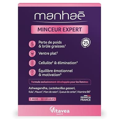Vitavea - Manhaé - Minceur Expert - Complément Alimentaire Minceur - Perte de Poids, Brûle Graisse, Ventre Plat, Eliminination, Cellulite - Lactobacillus Gasseri, Queue de Cerise -1 Mois - 30 Gélules
