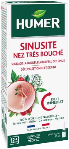 Humer - Spray Sinusite Nez très bouché - Décongestionne et Draine - Forme un film protecteur sur la surface nasale - Élimine les bactéries - À base de Glycérol et de plantes - Dès 12 ans - 15 ml