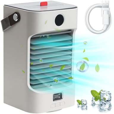 Climatiseur Mobile, Mini Refroidisseur d'air Portable 120° Oscillation, 3 Vitesses, Mini Climatiseur avec Affichage LED, Mode de Brume USB Air Climatiseur Ventilateur avec Poignée pour Chambre, Bureau