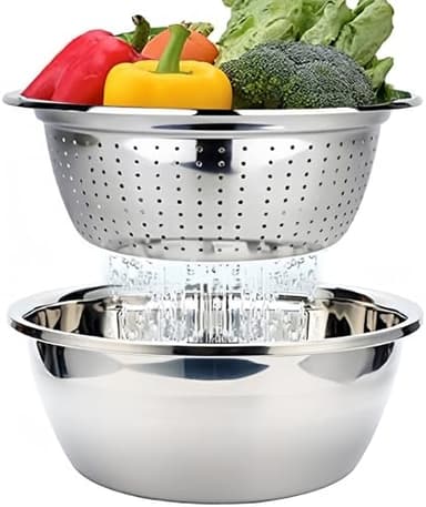 Edelstahl Seiher und Schüsselset Passoire Inox 2 Pièces Passoire avec Bol de Cuisine en Acier Inoxydable Saladier Passoire pour Riz Légumes Salade Fruits Nouilles Bol Empilable Ø 26 cm