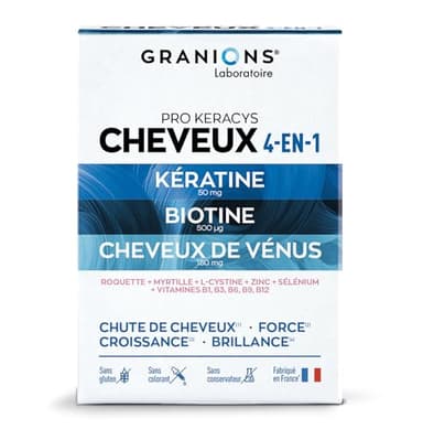 GRANIONS PRO KERACYS 4-EN-1 | Anti-chute Cheveux + Force + Croissance + Brillance | FORMAT 1 MOIS : 90 Gélules | Fabriqué en France