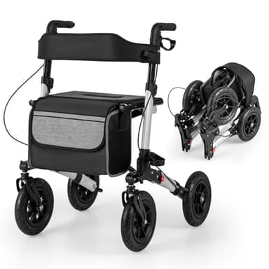 GOPLUS Déambulateur Pliable 4 Roues, Déambulateur Tout-Terrain avec Freins pour Personnes Âgées, Hauteur Réglable, Dossier Ergonomique, Léger, Aide à la Marche Rangement Facile,Charge 140 kg (Argenté)