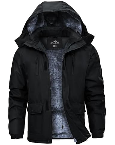 Tansozer Veste de Ski Hommes Hiver Imperméable Blouson D'extérieur Chaude Parka avec Fourrure Thermo Jacke Travail Polaire à Capuche, Noir, XXL
