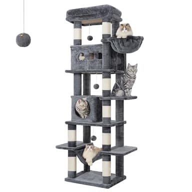 Hzuaneri 170 cm Grand Arbre à Chat, Tour à Chat pour Chats d'intérieur, avec Grand Perchoir, Tapis Lavable, 2 Niches Chats, 8 Griffoirs, Hamac, Pompons, Gris Foncé MS17018SG
